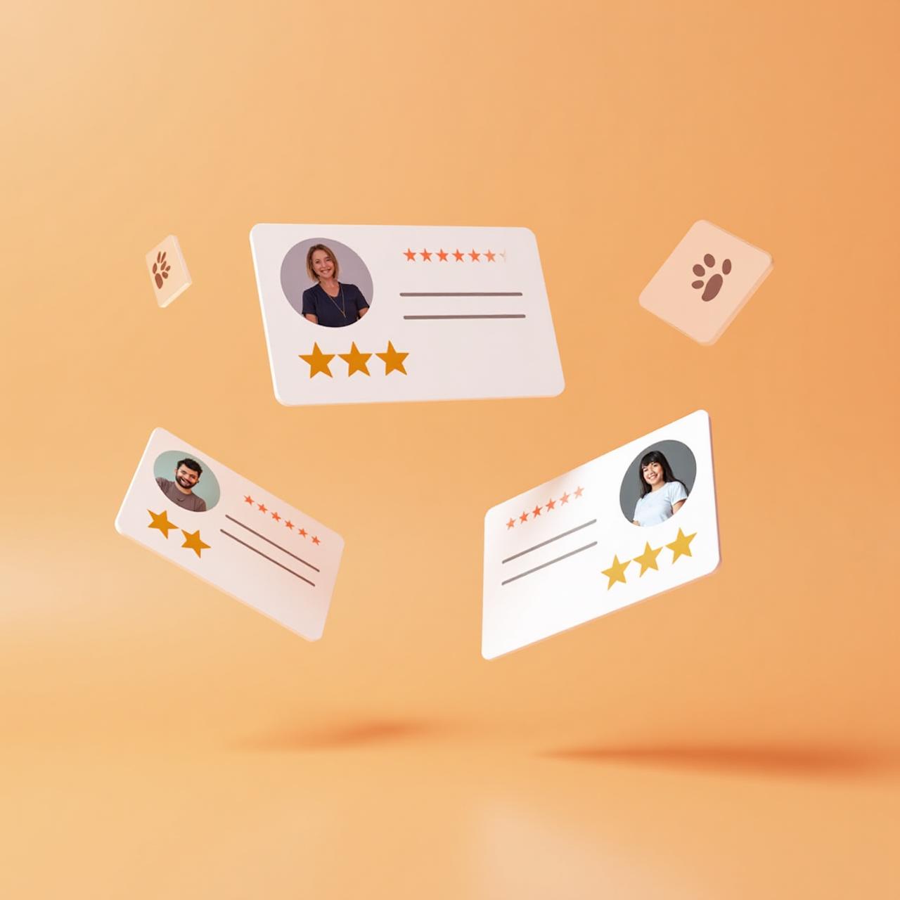 Floating 5-star review cards with pet owner testimonials