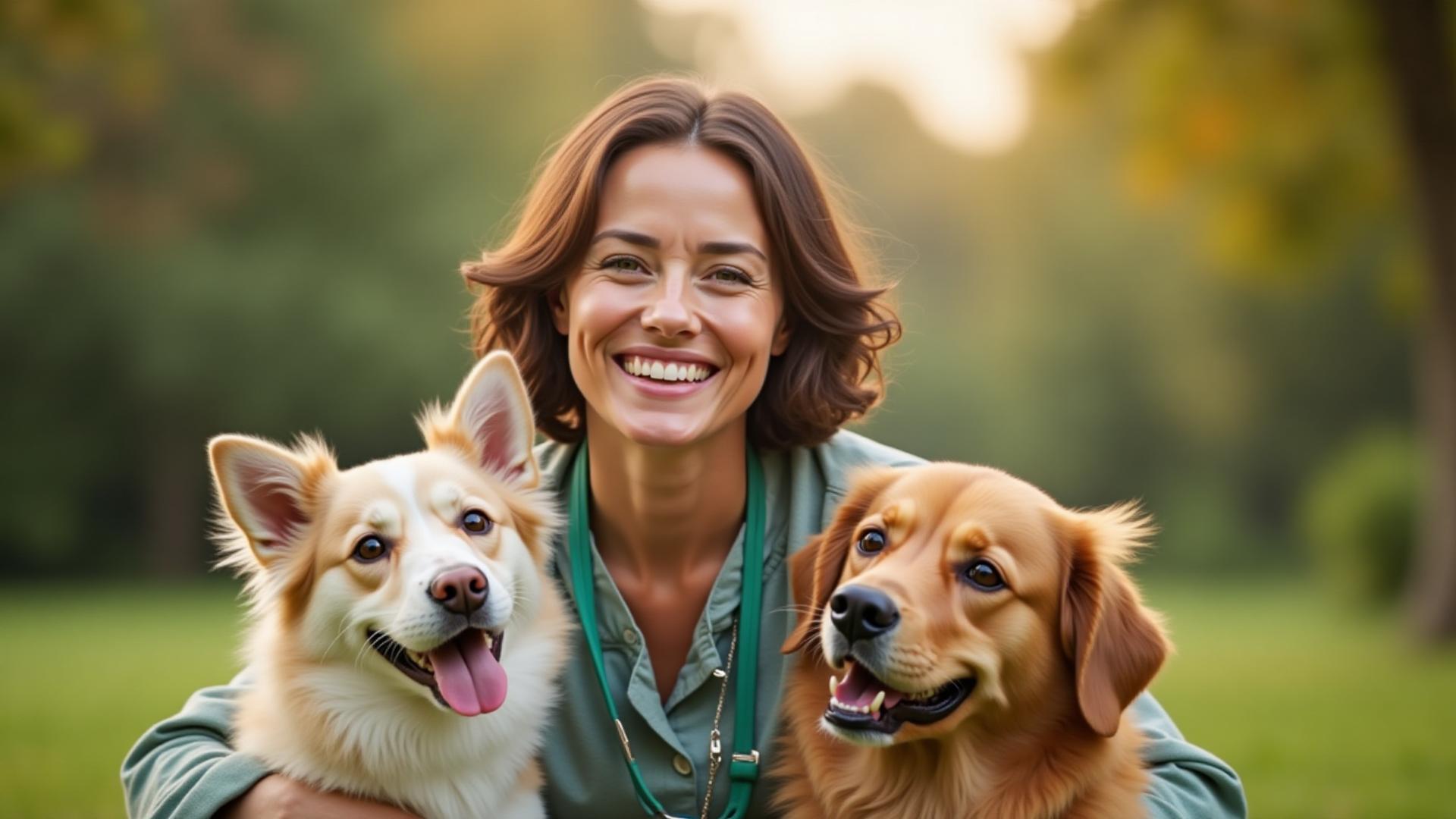 Friendly pet care business scene with dog walker and dogs